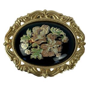 Medallion Flower Vintage Gold Black Brooch Pin